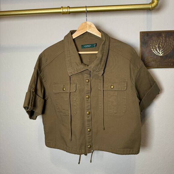 Women's Lauren Ralph Lauren Olive Crop Cargo Button Front Shirt Jacket Size 10 - Picture 2 of 10